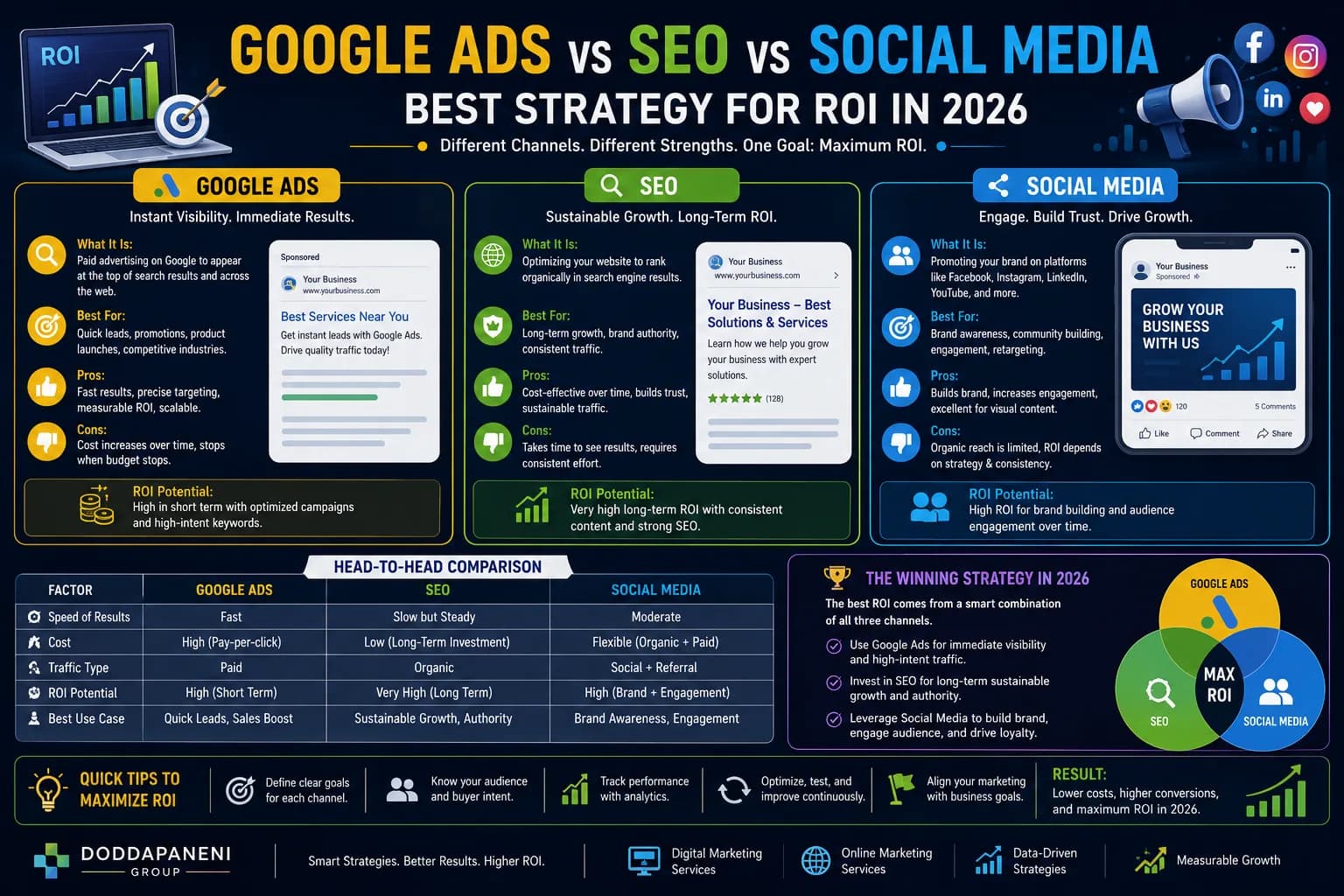 Google Ads vs SEO vs Social Media: Best Strategy for ROI in 2026